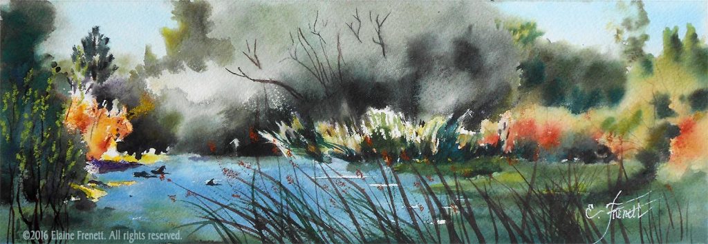 Image of Morning Shadows, watercolor painting of a river landscape with autumn colors by artist Elaine Frenett.
