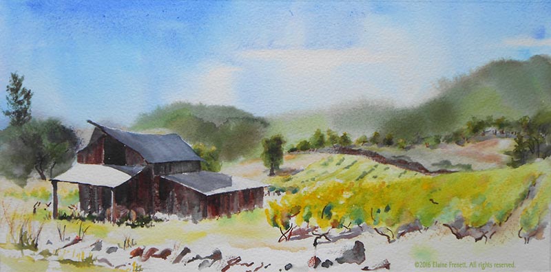 Image of '' - Watercolor painting of a landscape with weathered barn in Aurora, Colorado by artist Elaine Frenett