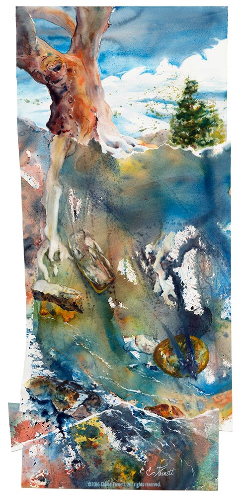 Image of 'Emerging,' an experimental watercolor painting by artist Elaine Frenett. Artist, illustrator and art journaling teacher, Elaine facilitates a yearly art journaling retreat for women in Lake Alpine, California and teaches classes in watercolor, plein air painting and journaling in southern Oregon's beautiful Rogue Valley. Explore elainefrenett.com to learn more about the artist and view galleries of her artwork.